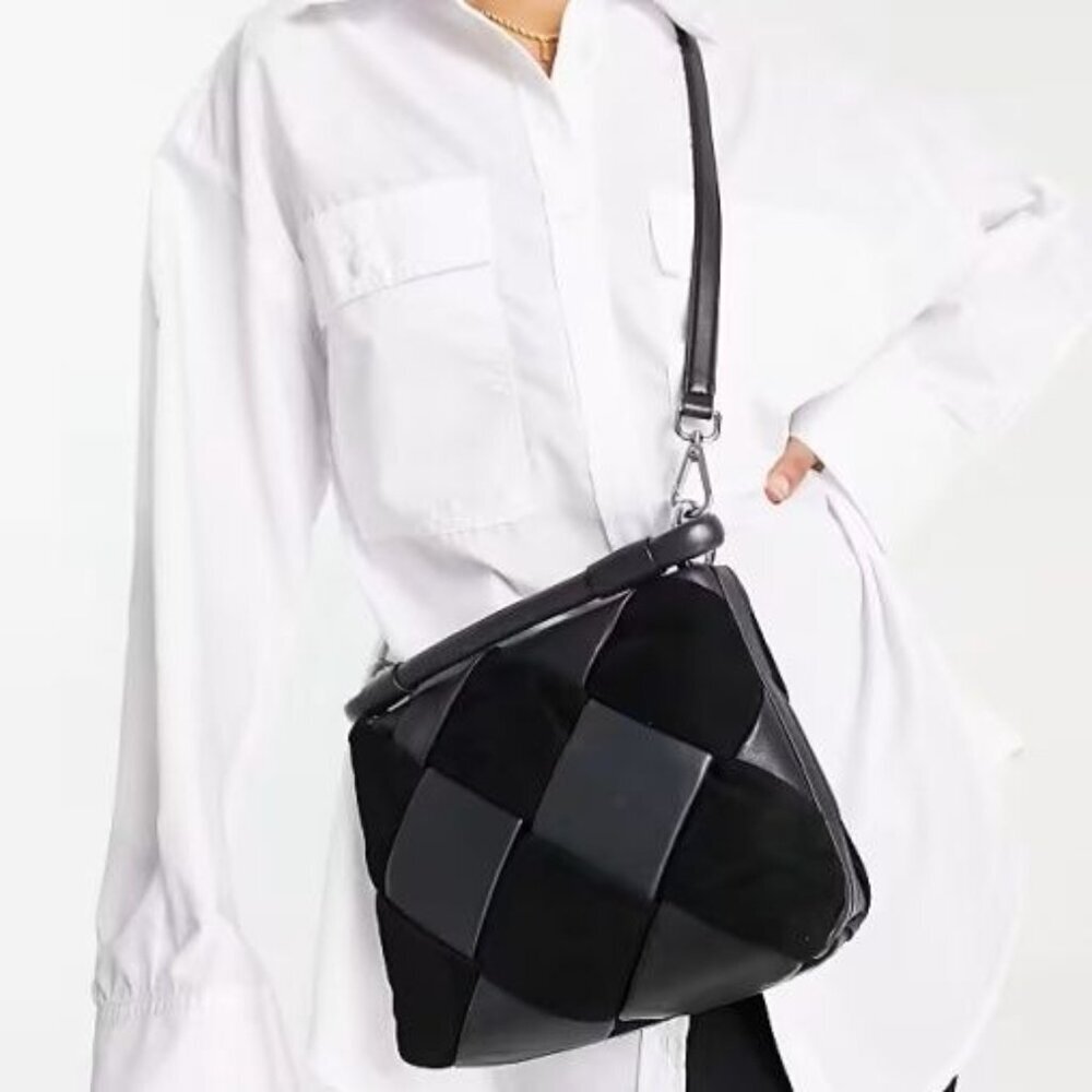 & Other Stories Black Braided Leather Suede Silver Hardware Top Handle Crossbody